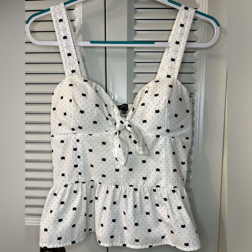 Blāshe White Cat Polka Dot 50's Style Top